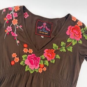 JW Los Angeles Brown Embroidered‎ Floral Long Sleeve V Neck Tunic Dress Small